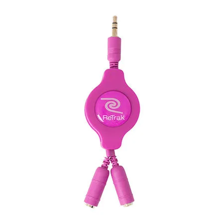 Retractable Headphone Splitter Adapter | Headphone Splitter | Retractable Cord | Pink
