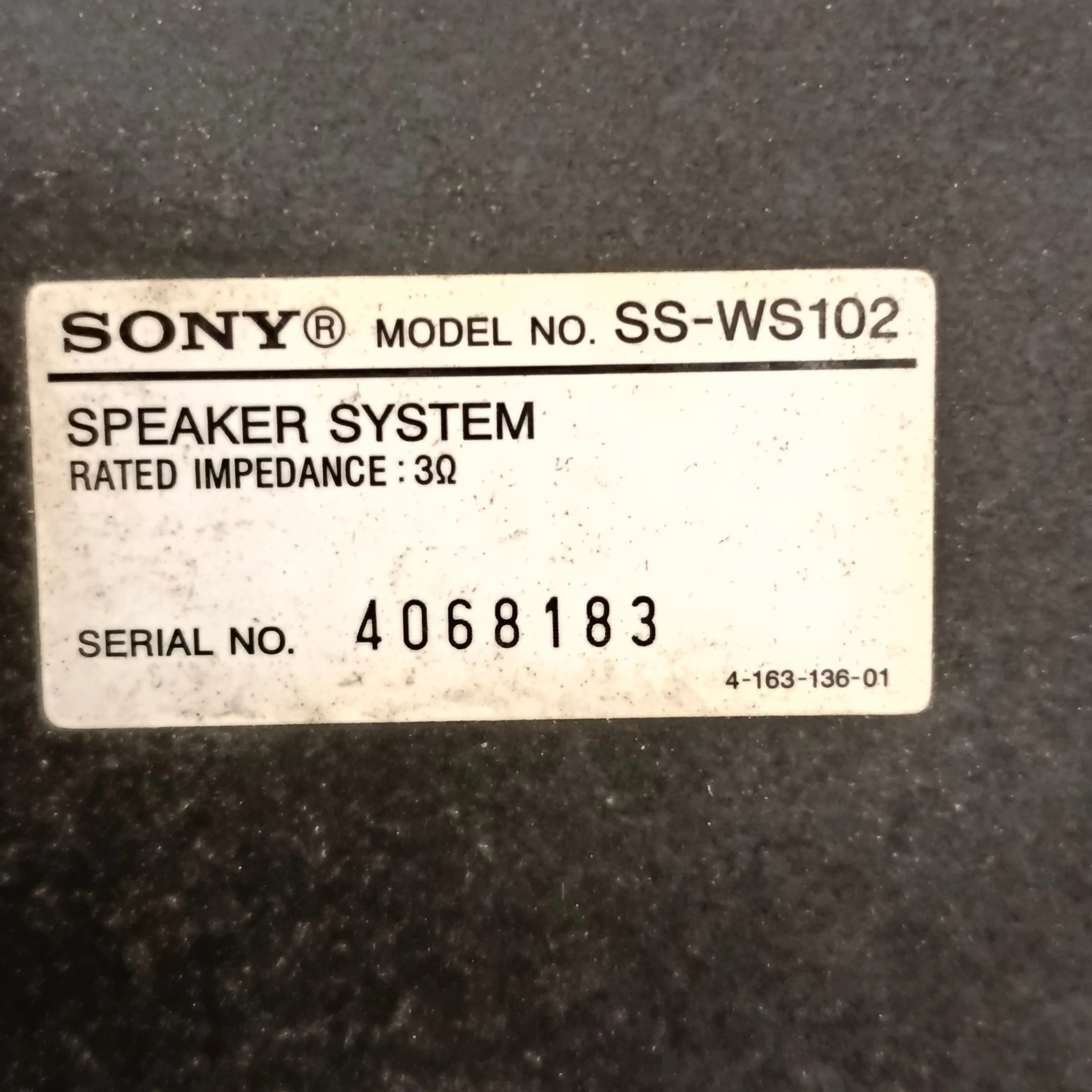 SONY SS-WS102 3 ohms Home Theater Passive Subwoofer - Foreign Used