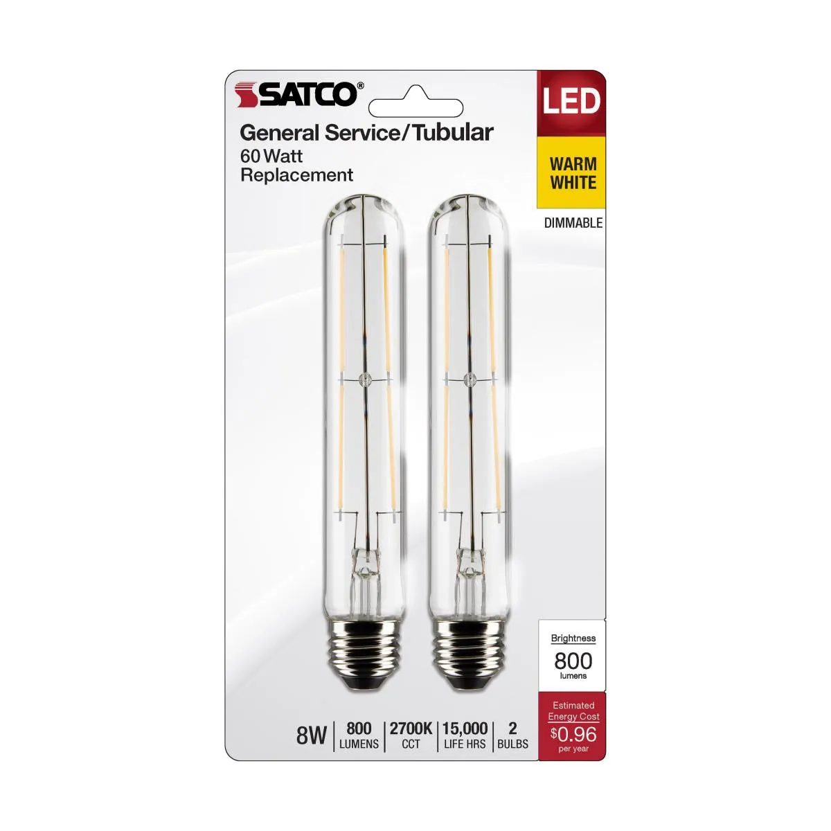 T9 LED Single Tube Bulb, 8W, 800 Lumens, 2700K, 60W Equal, E26 Medium, Clear Finish, Pack Of 2