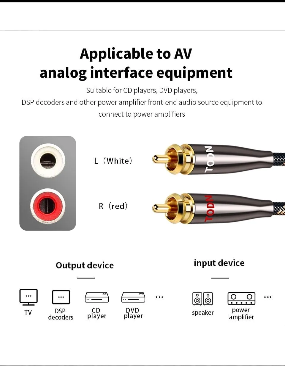 TODN 1 Pair RCA Cable 99.999% OCC Stereo RCA Cable High-performance Premium Hi-Fi Audio 2RCA to 2RCA Mixer Interconnect Cable T