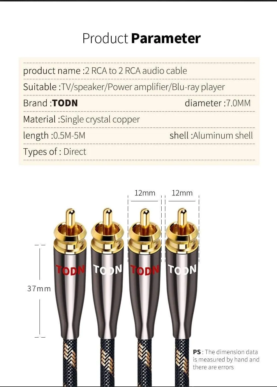 TODN 1 Pair RCA Cable 99.999% OCC Stereo RCA Cable High-performance Premium Hi-Fi Audio 2RCA to 2RCA Mixer Interconnect Cable