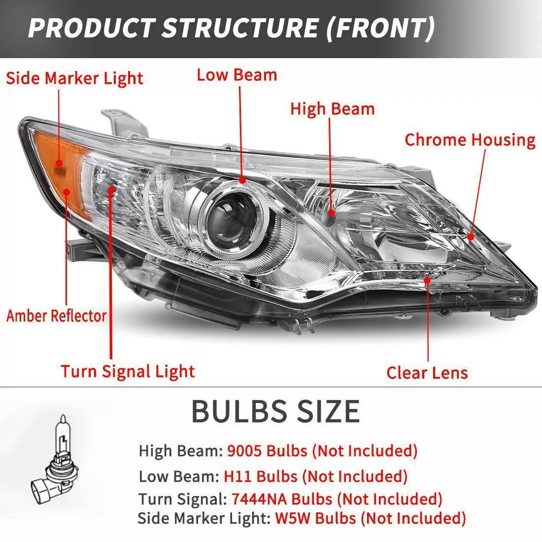 YITAMOTOR® 2012-2014 Toyota Camry Chrome Housing, Amber Reflectors H11 9005 Projector Bulbs Headlight Assembly